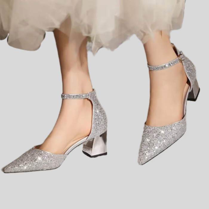 Selena – Sparkly Ankle Strap High Heels with Glitter Finish-Silver-3.5-State of Style