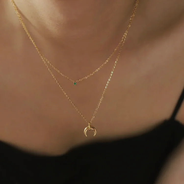 Selina Green Diamond Double Crescent Moon Necklace-State of Style