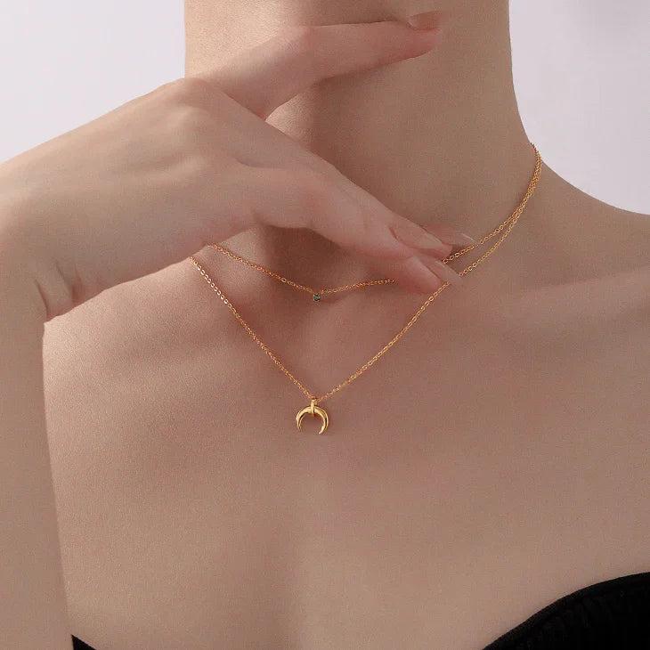 Selina Green Diamond Double Crescent Moon Necklace-State of Style