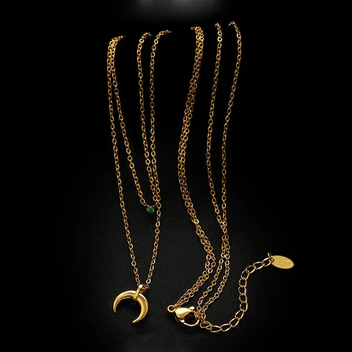 Selina Green Diamond Double Crescent Moon Necklace-State of Style