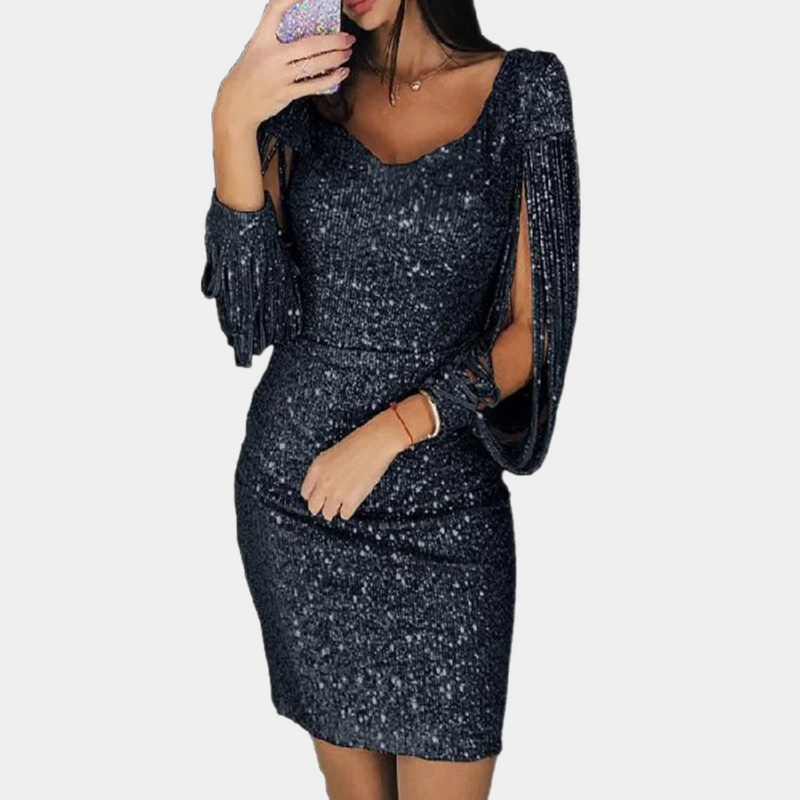 Sequin dress with V-neck and stylish sleeves - Celeste-Black-S-State of Style