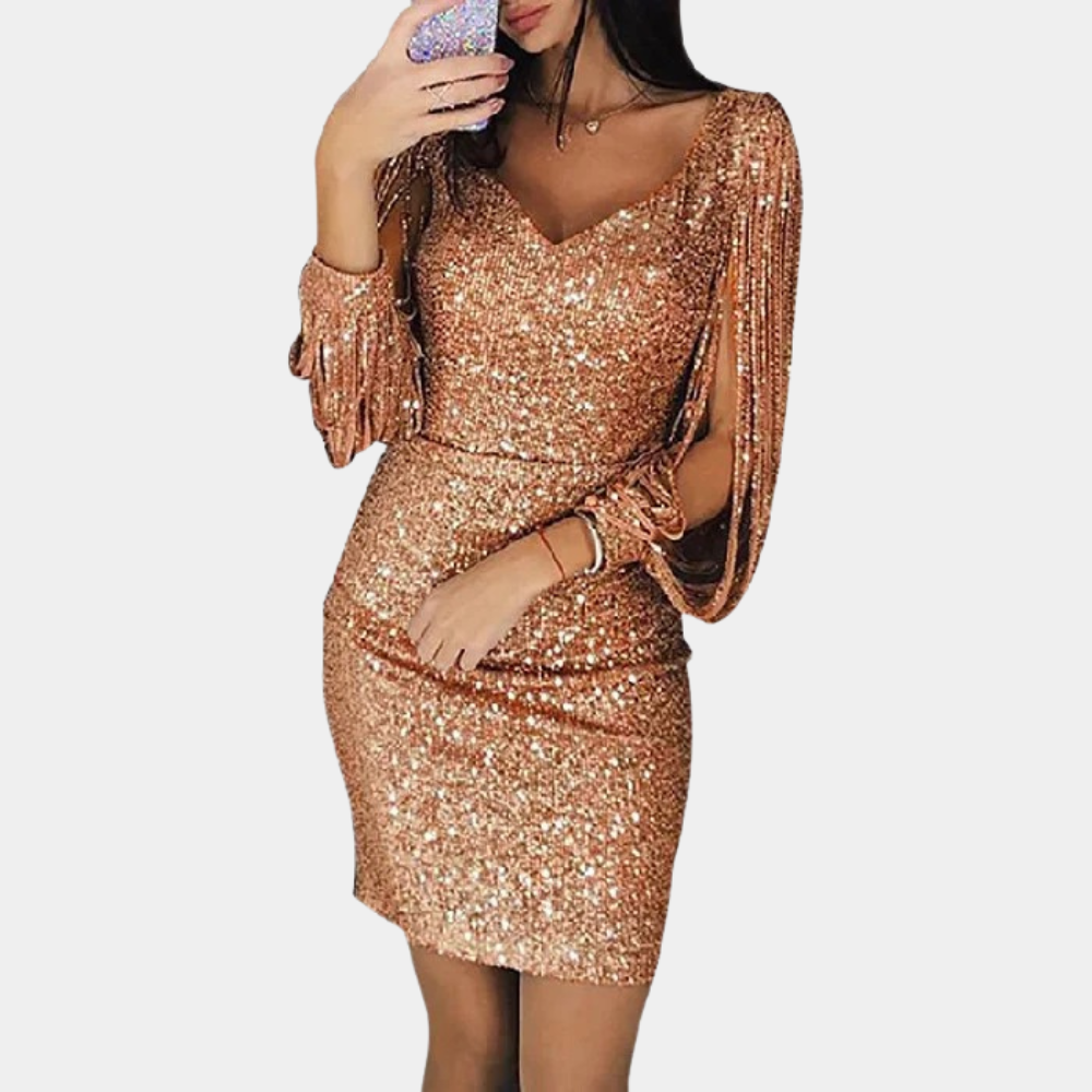 Sequin dress with V-neck and stylish sleeves - Celeste-Gold-S-State of Style
