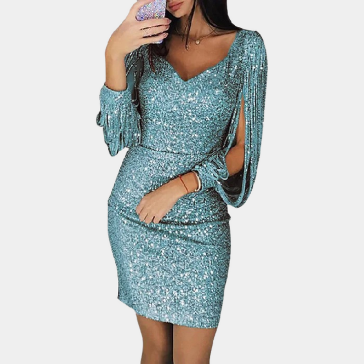 Sequin dress with V-neck and stylish sleeves - Celeste-Green-S-State of Style