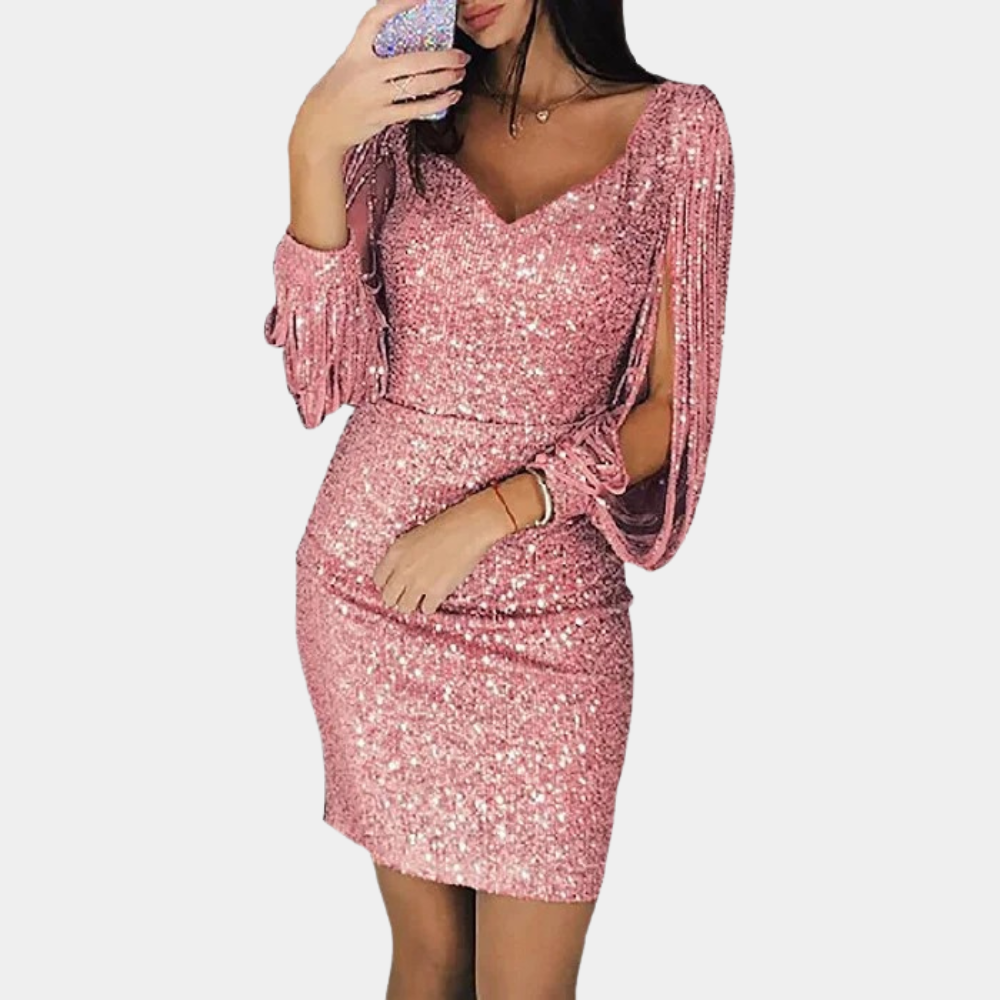 Sequin dress with V-neck and stylish sleeves - Celeste-Pink-S-State of Style