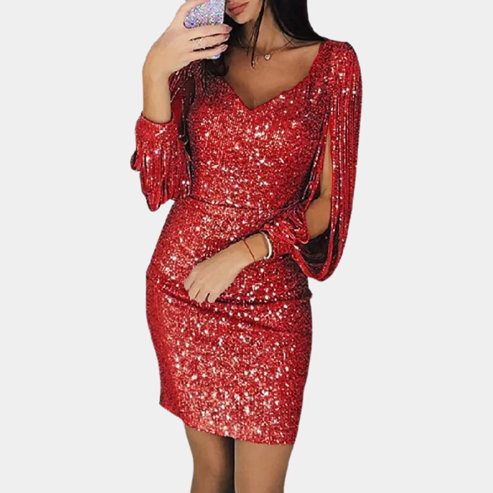 Sequin dress with V-neck and stylish sleeves - Celeste-Red-S-State of Style