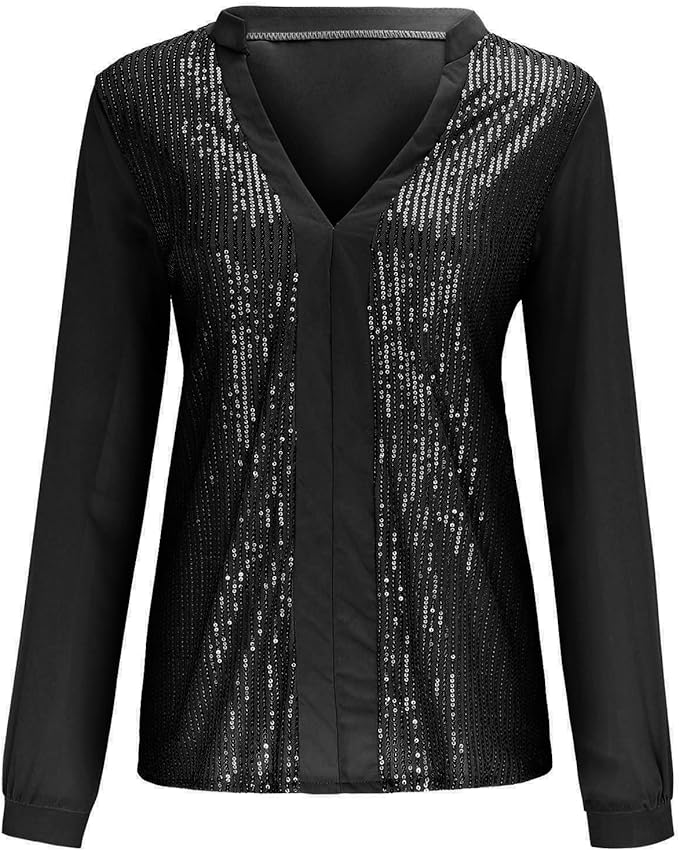Sequin V-Neck Blouse – Plus Size Elegance-Black-S-State of Style