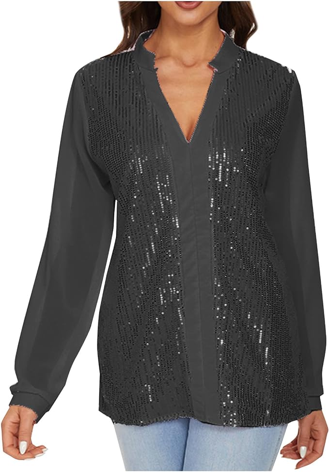 Sequin V-Neck Blouse – Plus Size Elegance-Champagne-S-State of Style