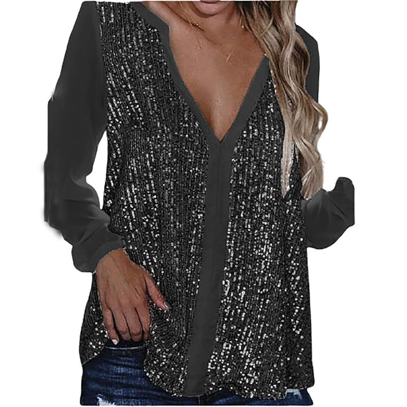 Sequin V-Neck Blouse – Plus Size Elegance-Champagne-S-State of Style