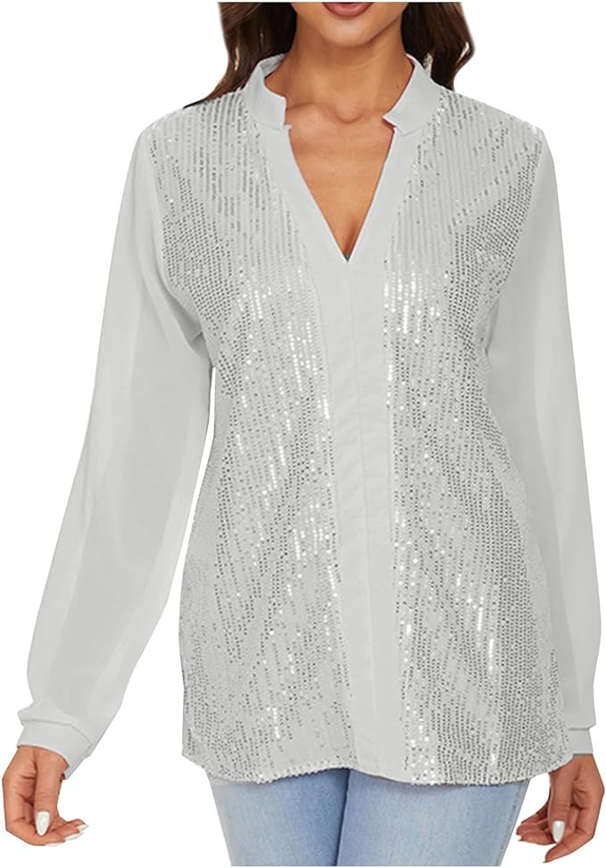 Sequin V-Neck Blouse – Plus Size Elegance-Champagne-S-State of Style