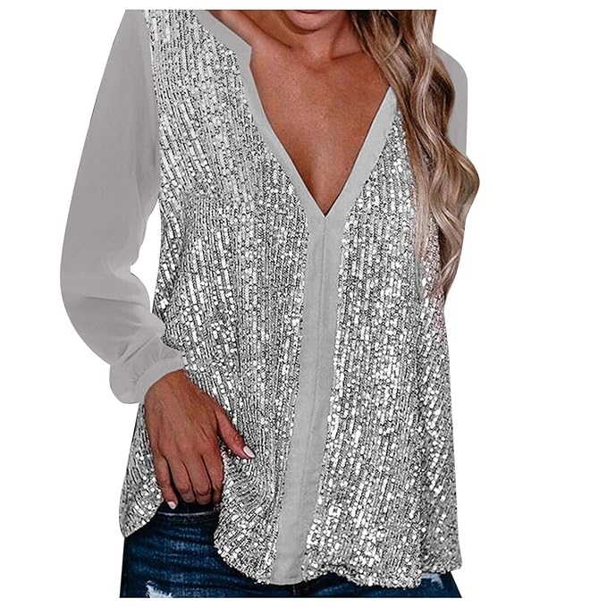 Sequin V-Neck Blouse – Plus Size Elegance-Champagne-S-State of Style