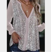 Sequin V-Neck Blouse – Plus Size Elegance-Champagne-S-State of Style
