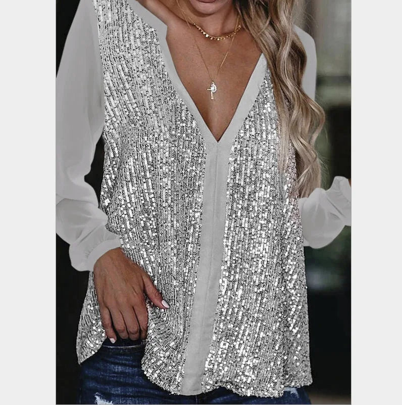 Sequin V-Neck Blouse – Plus Size Elegance-Champagne-S-State of Style