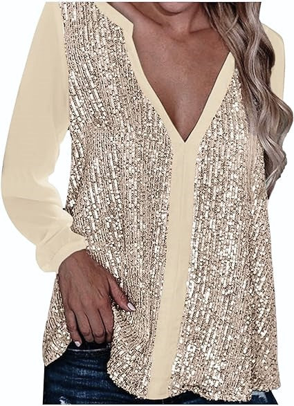 Sequin V-Neck Blouse – Plus Size Elegance-Champagne-S-State of Style