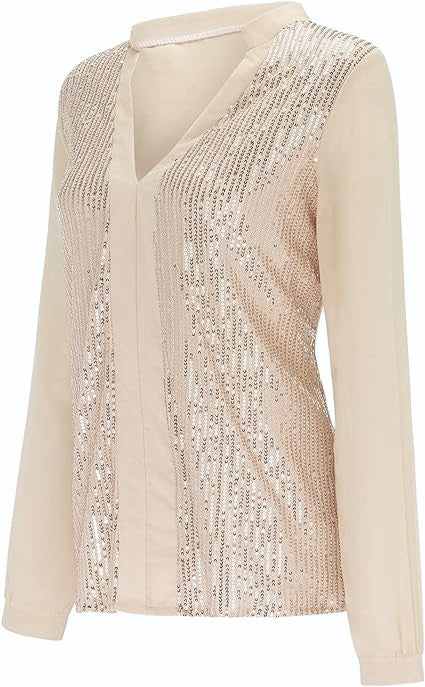 Sequin V-Neck Blouse – Plus Size Elegance-Champagne-S-State of Style