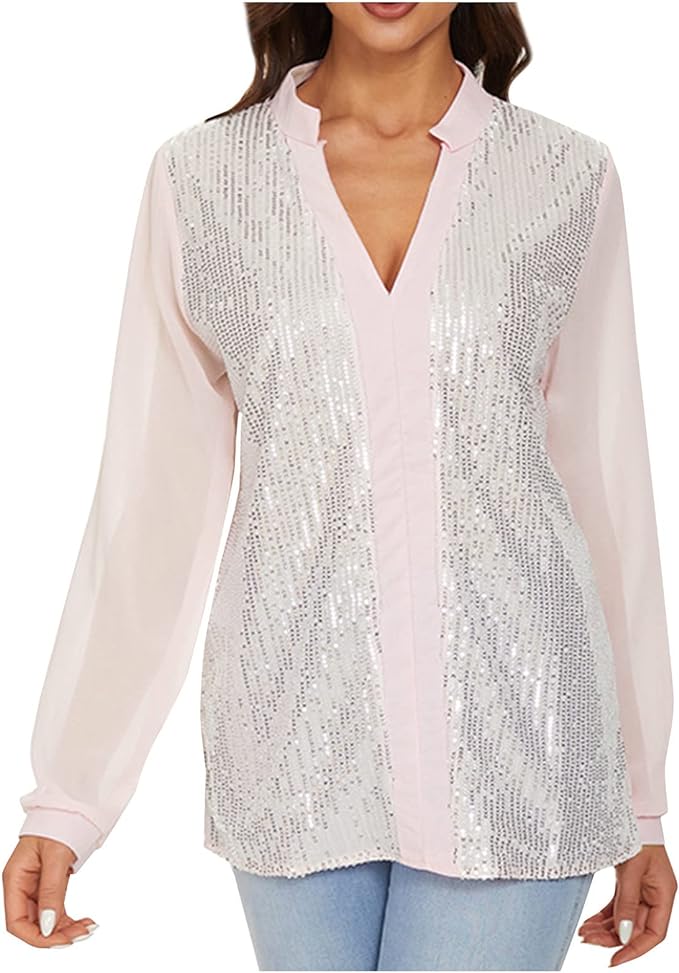 Sequin V-Neck Blouse – Plus Size Elegance-Champagne-S-State of Style