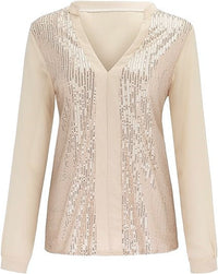 Sequin V-Neck Blouse – Plus Size Elegance-Champagne-S-State of Style