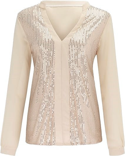 Sequin V-Neck Blouse – Plus Size Elegance-Champagne-S-State of Style