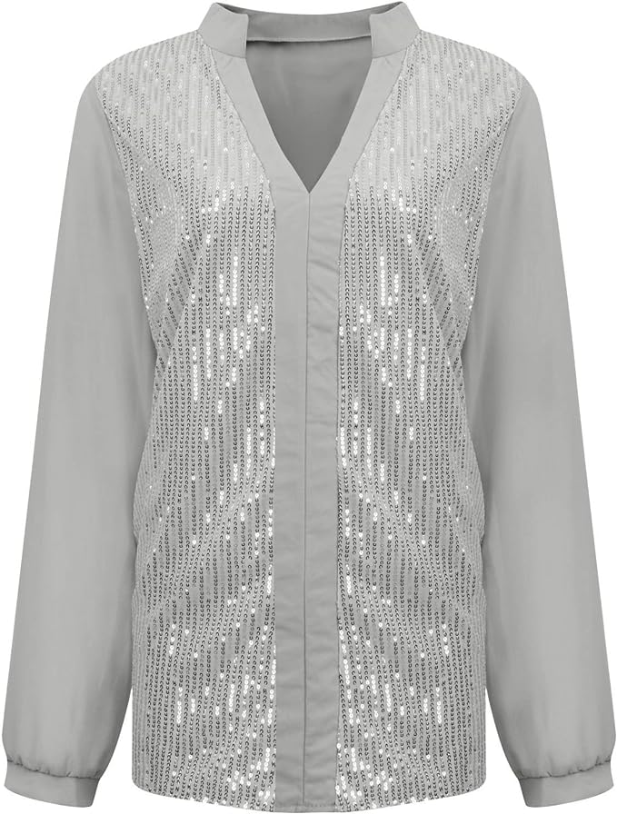 Sequin V-Neck Blouse – Plus Size Elegance-Grey-S-State of Style