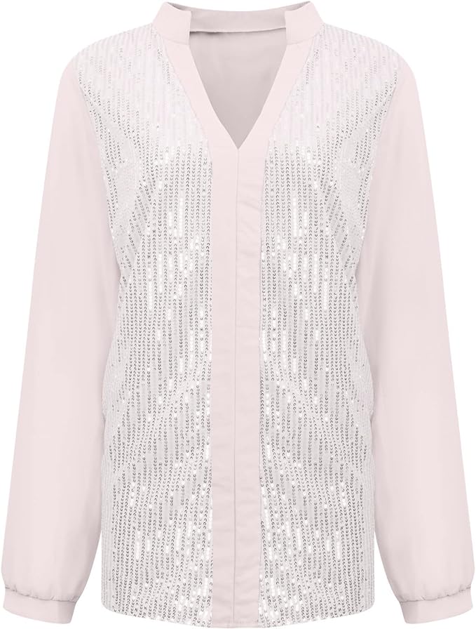 Sequin V-Neck Blouse – Plus Size Elegance-Pink-S-State of Style