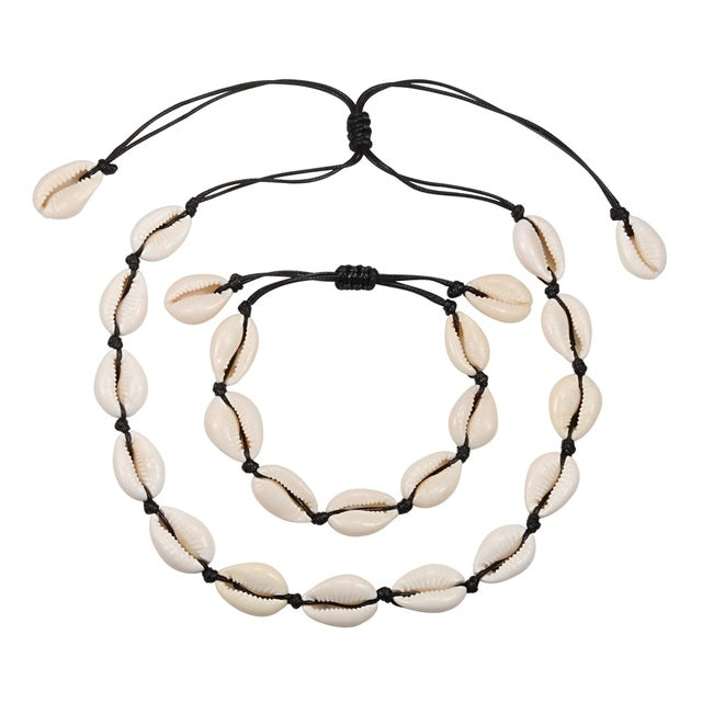 Shell Band | Shell Necklace & Bracelet-Black (Dyed Black Shells)-State of Style