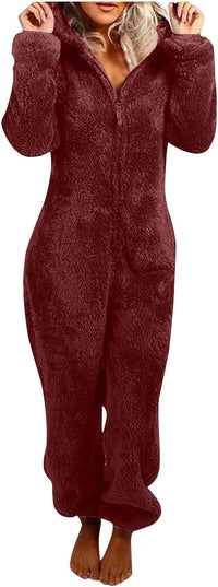 Sherpa Fuzzy Onesie with Hood - CozyCat-Wine red-S-State of Style