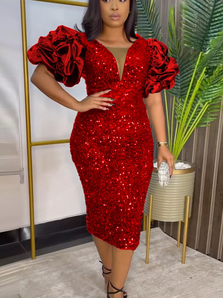Shimmering Puff Sleeve Vintage Dress – Plus Size-Red-S-State of Style
