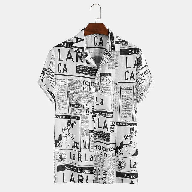 Shirt with Newspaper Print and Button Closure - Milo-Black-S-State of Style