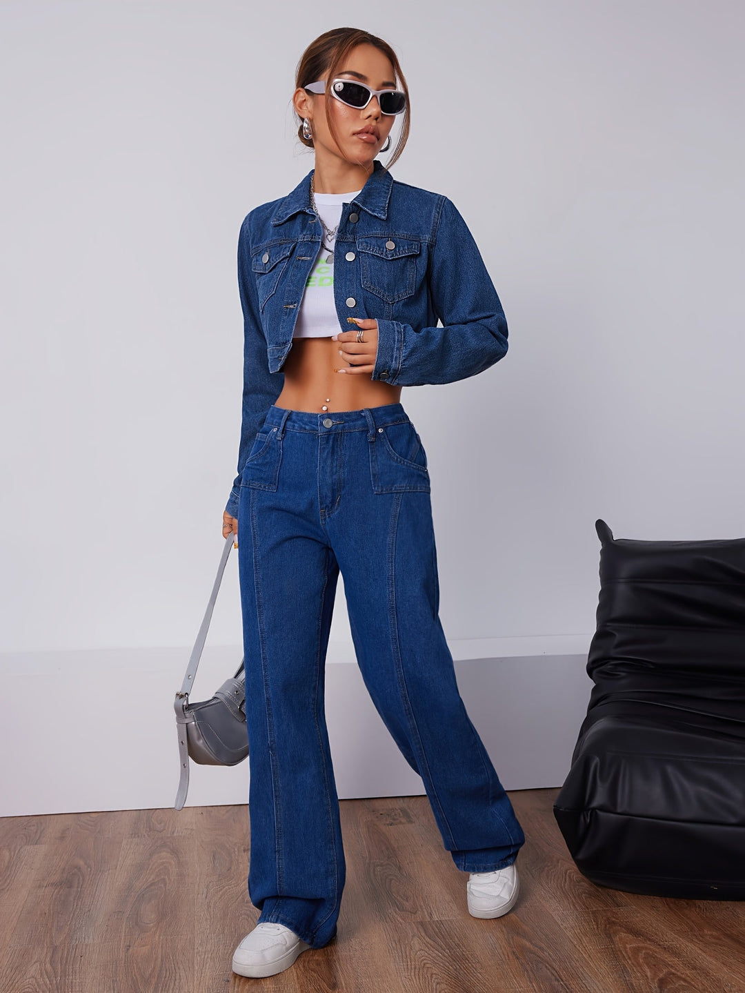 Short Fitted Denim Jacket in Vintage Blue - Elise-XS-State of Style