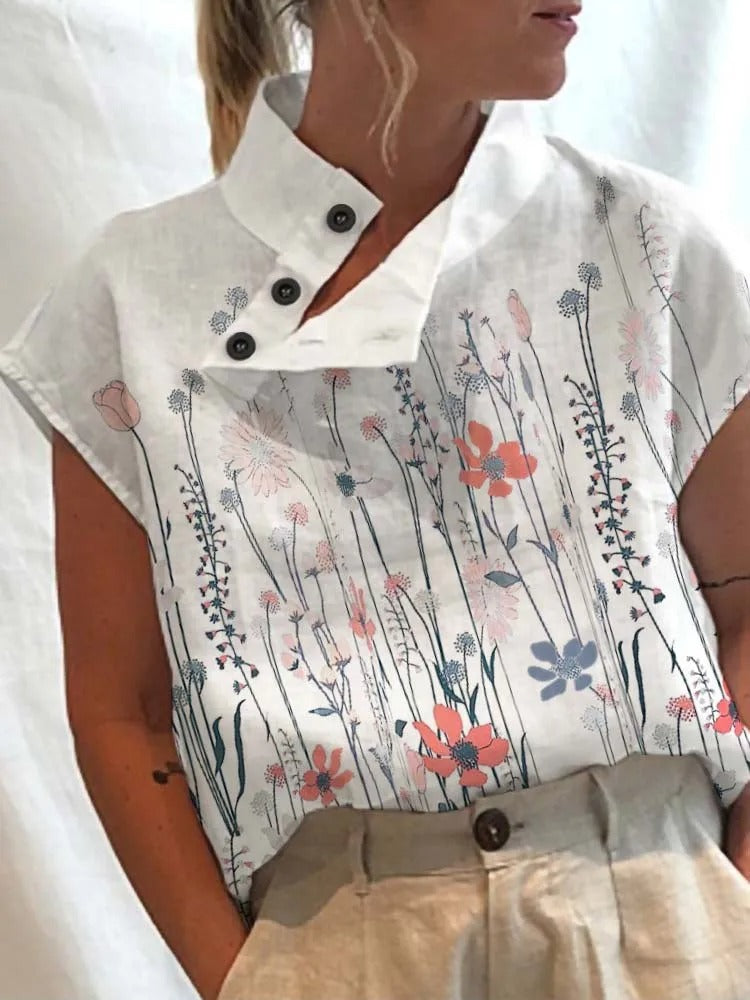 Short-sleeve blouse shirt with playful print – Felicia-Pink flowers-S-State of Style