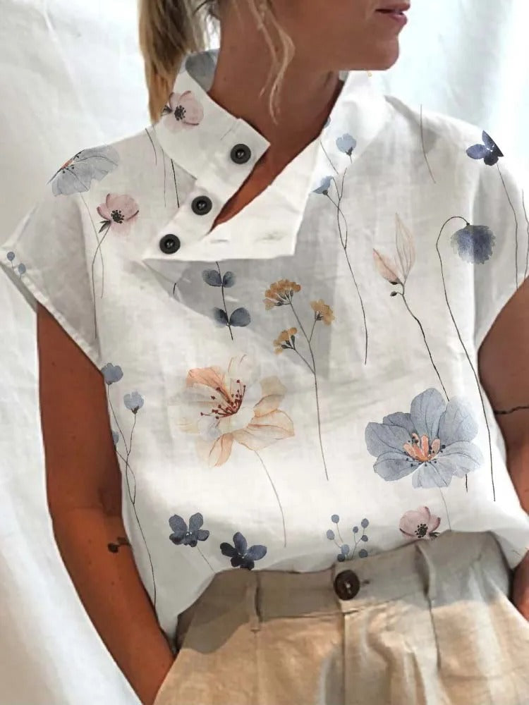 Short-sleeve blouse shirt with playful print – Felicia-Yellow flowers-S-State of Style