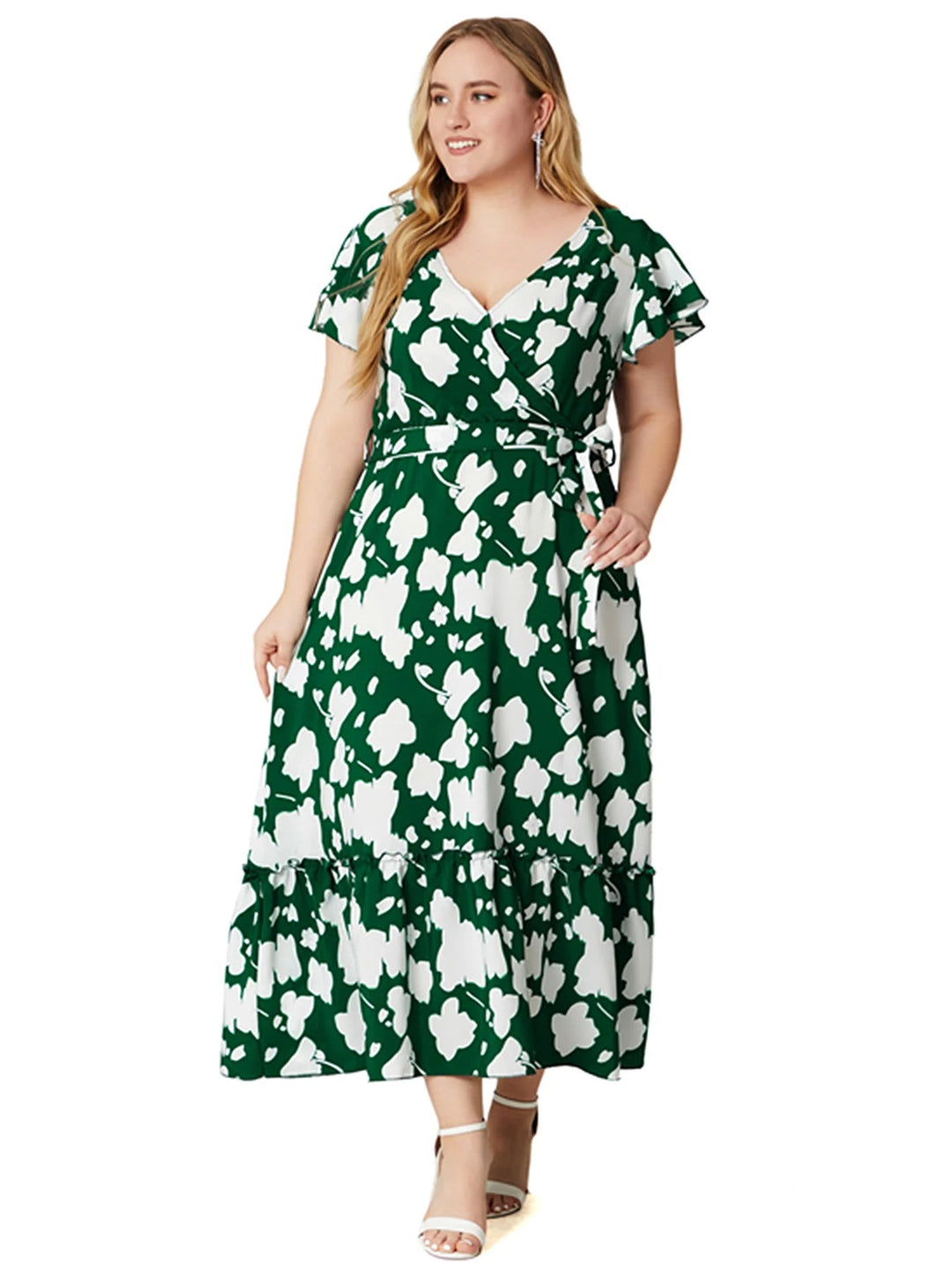 Short-Sleeve Floral Boho Dress in Plus Size-Green-2XL-State of Style