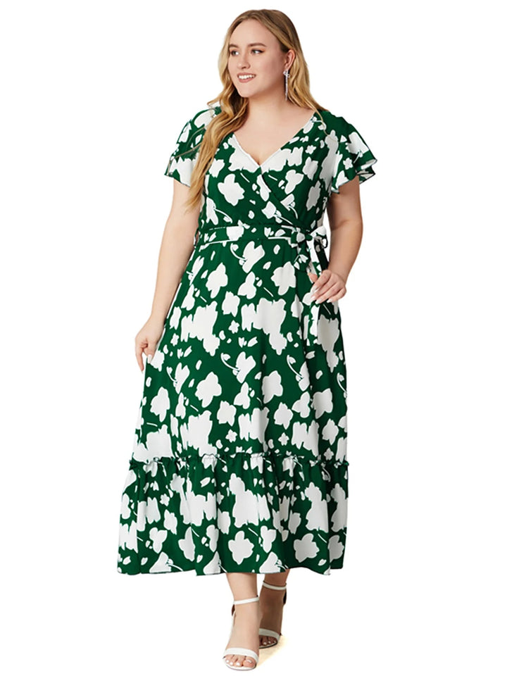 Short-Sleeve Floral Boho Dress in Plus Size-Green-2XL-State of Style