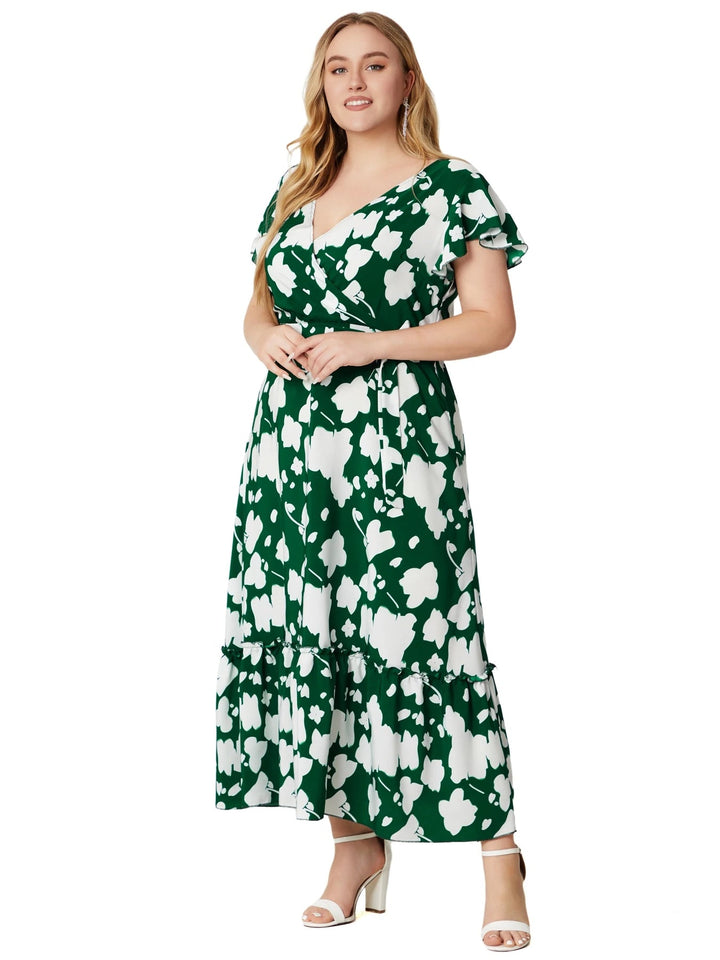 Short-Sleeve Floral Boho Dress in Plus Size-Green-2XL-State of Style