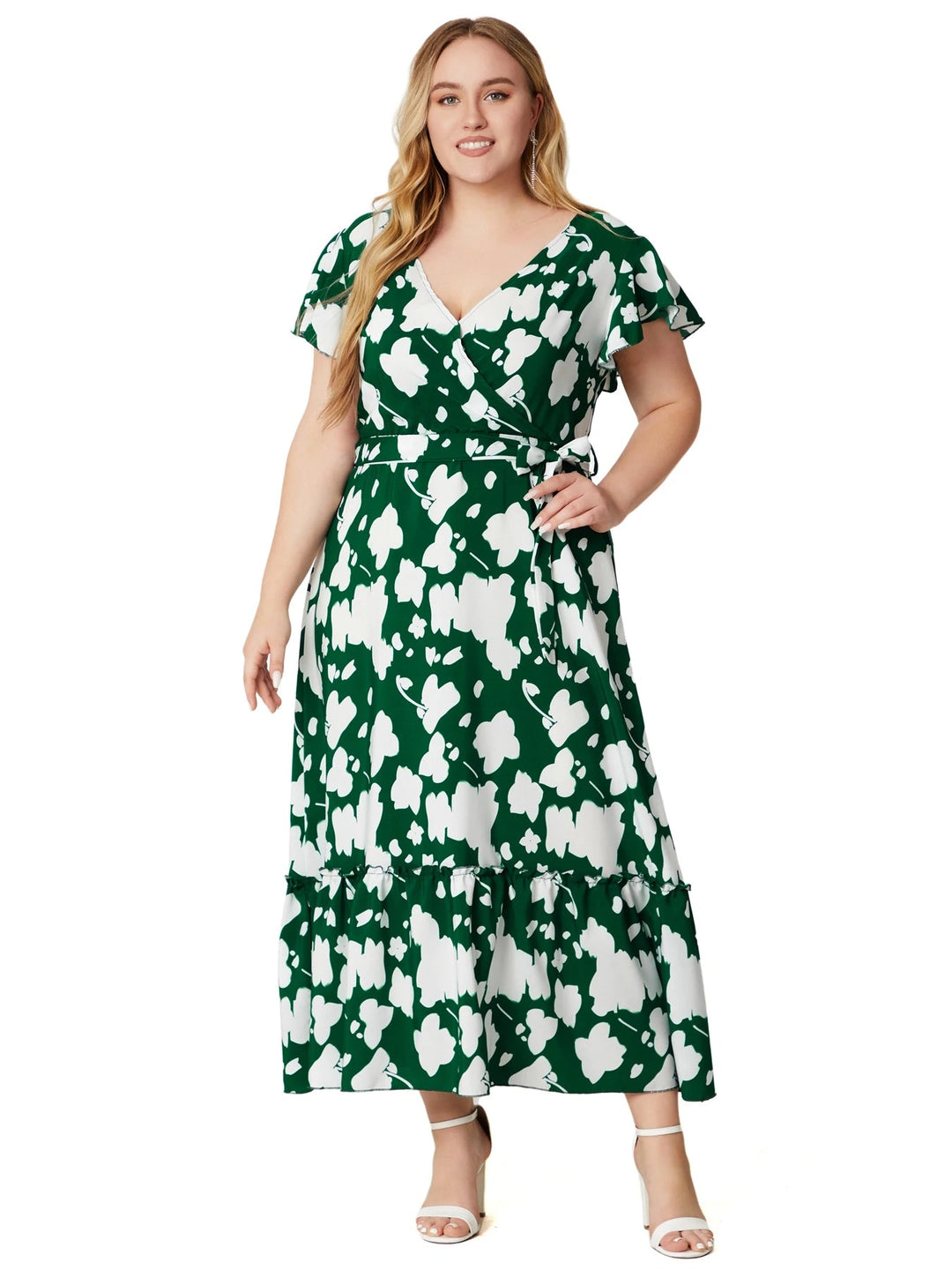 Short-Sleeve Floral Boho Dress in Plus Size-Green-2XL-State of Style