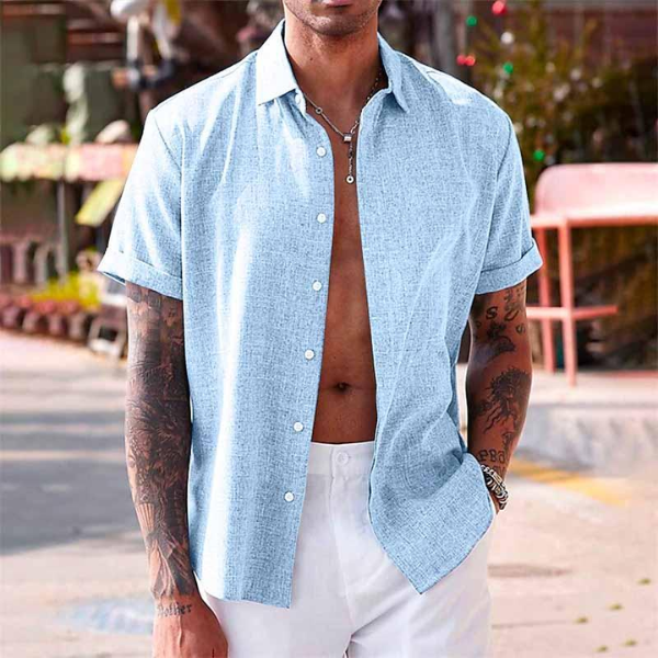 Short-sleeved cotton-linen shirt for men – Oscar-Royal blue-XS-State of Style