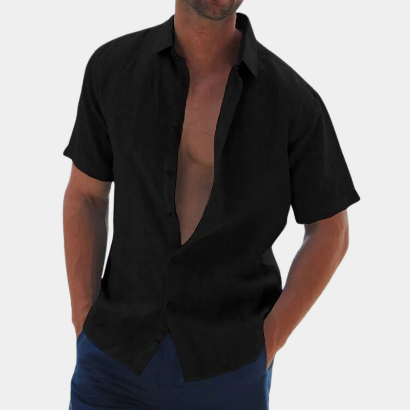 Short Sleeves Linen Men's Shirt - Dax-Black-S-State of Style