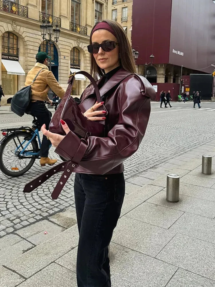 Short women's leather jacket in cherry red with lapel collar – Livana-Cherry red (Burgundy)-S-State of Style