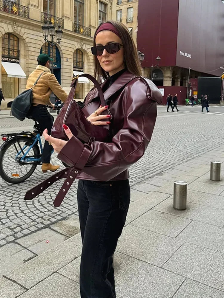 Short women's leather jacket in cherry red with lapel collar – Livana-Cherry red (Burgundy)-S-State of Style
