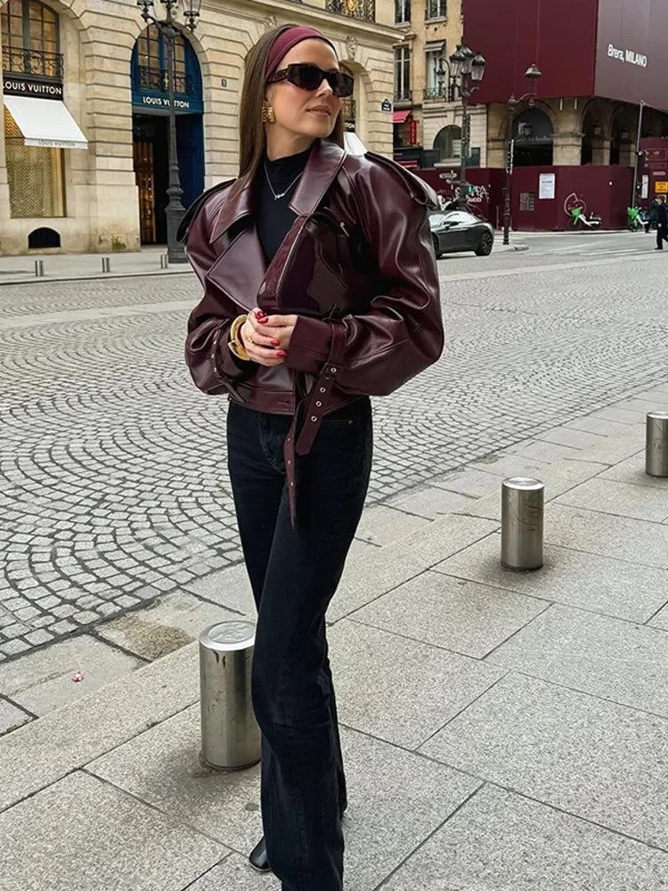 Short women's leather jacket in cherry red with lapel collar – Livana-Cherry red (Burgundy)-S-State of Style