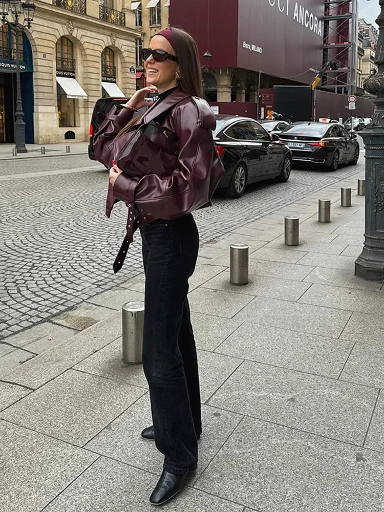 Short women's leather jacket in cherry red with lapel collar – Livana-Cherry red (Burgundy)-S-State of Style