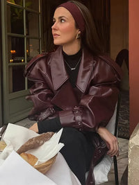 Short women's leather jacket in cherry red with lapel collar – Livana-Cherry red (Burgundy)-S-State of Style