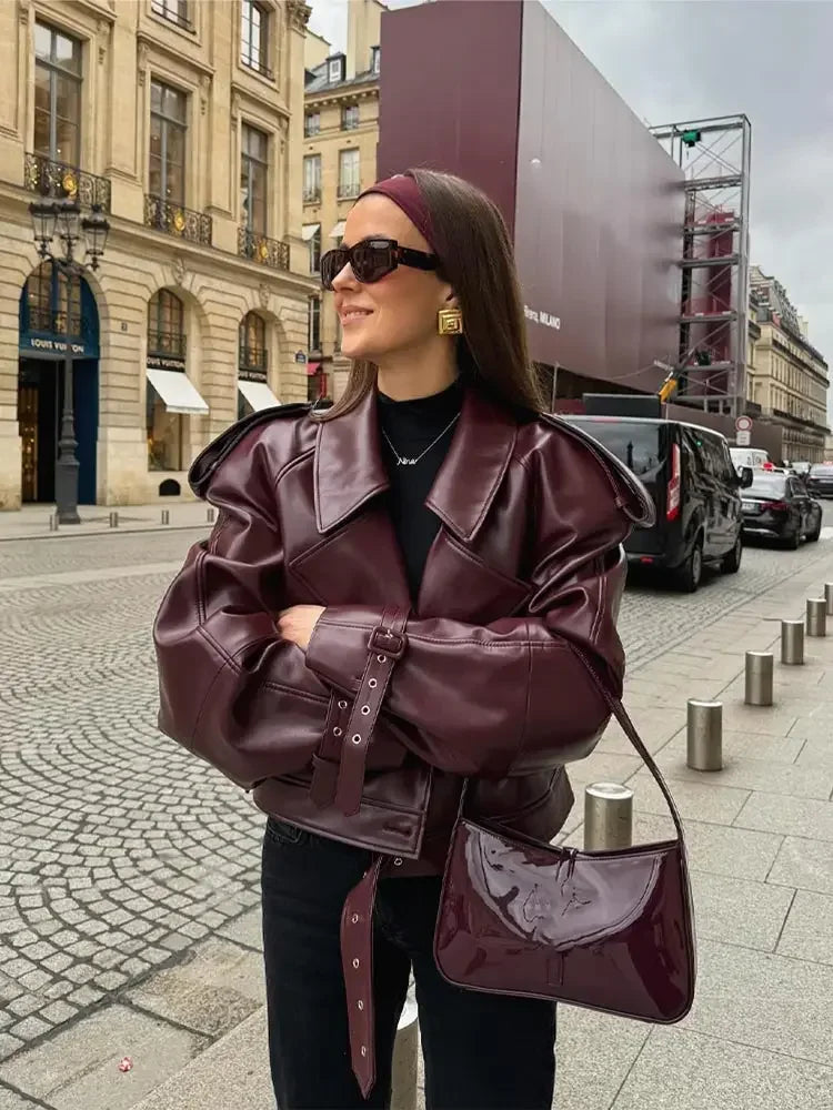 Short women's leather jacket in cherry red with lapel collar – Livana-Cherry red (Burgundy)-S-State of Style