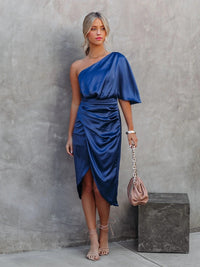 SilkGlam One-Shoulder Dress-Blue-S-State of Style