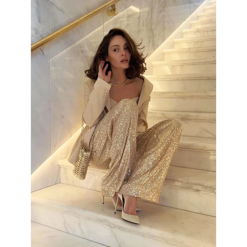Silky Smooth Sequin Trousers - Luna-Gold-36-State of Style
