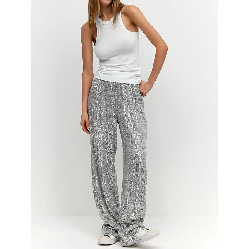 Silky Smooth Sequin Trousers - Luna-Silver-36-State of Style
