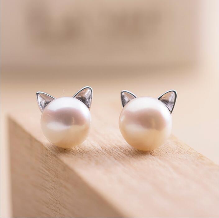 Silver Cat Ear Earrings with Natural Pearls - Selia-State of Style