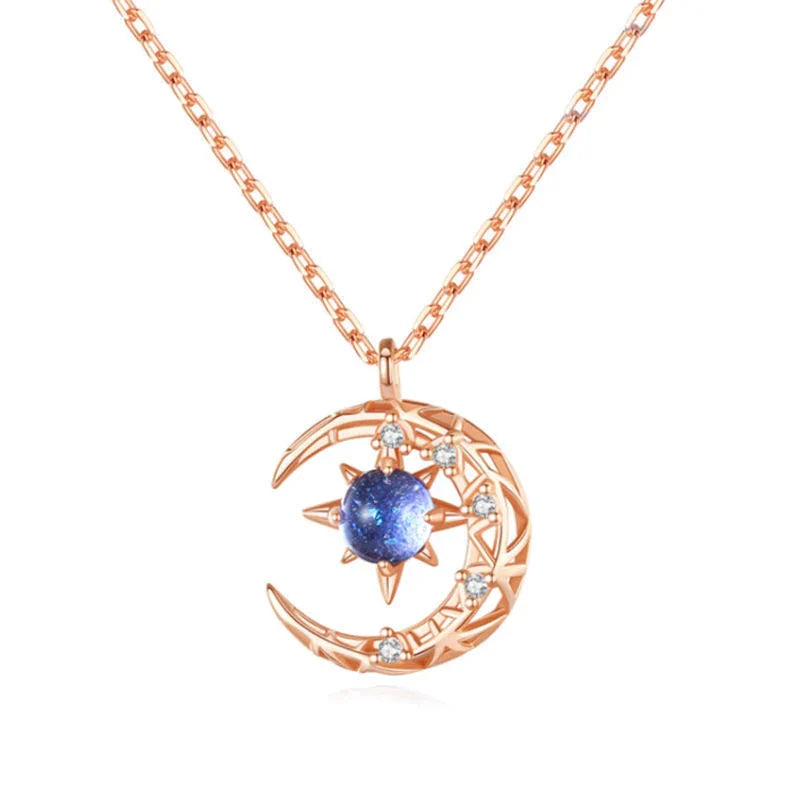 SILVER NECKLACE WITH HALF MOON AND STAR PENDANT-Rose Gold-State of Style