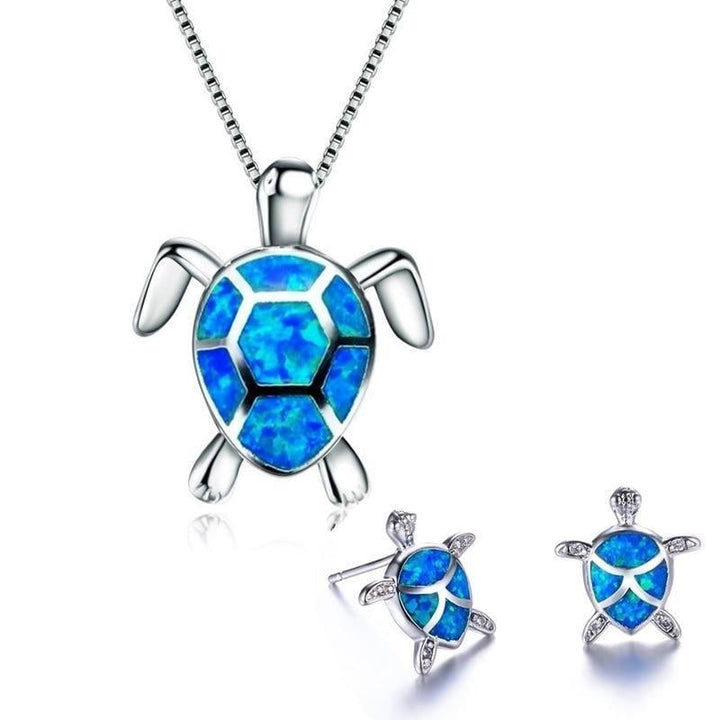 Silver Sea Turtle Necklace and Earring Set - Marinella-Blue-State of Style