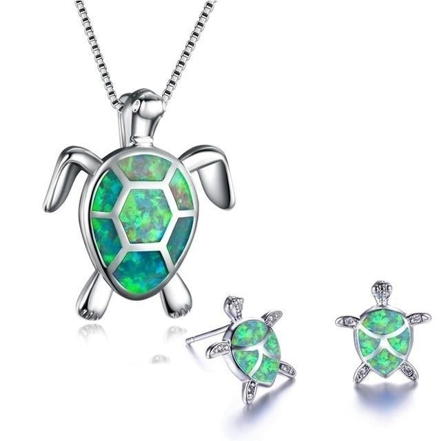 Silver Sea Turtle Necklace and Earring Set - Marinella-Green-State of Style