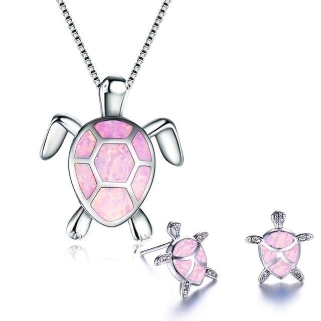 Silver Sea Turtle Necklace and Earring Set - Marinella-Pink-State of Style